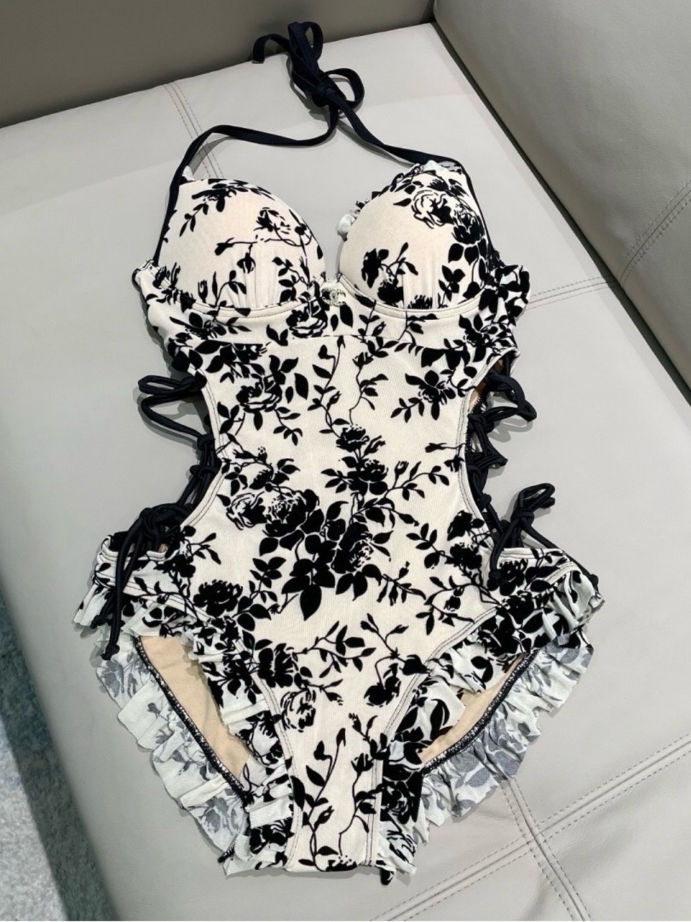 Black & White Floral Ruffle One-Piece Swimsuit